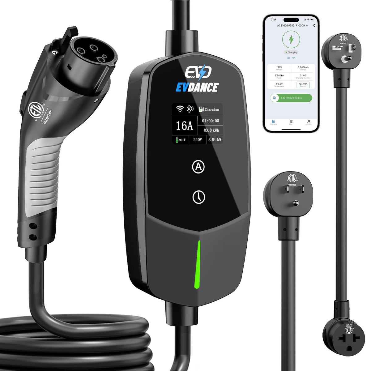 EVDANCE front view of EV charger showing compact design and portability