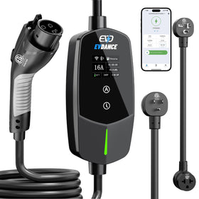 EVDANCE front view of EV charger showing compact design and portability