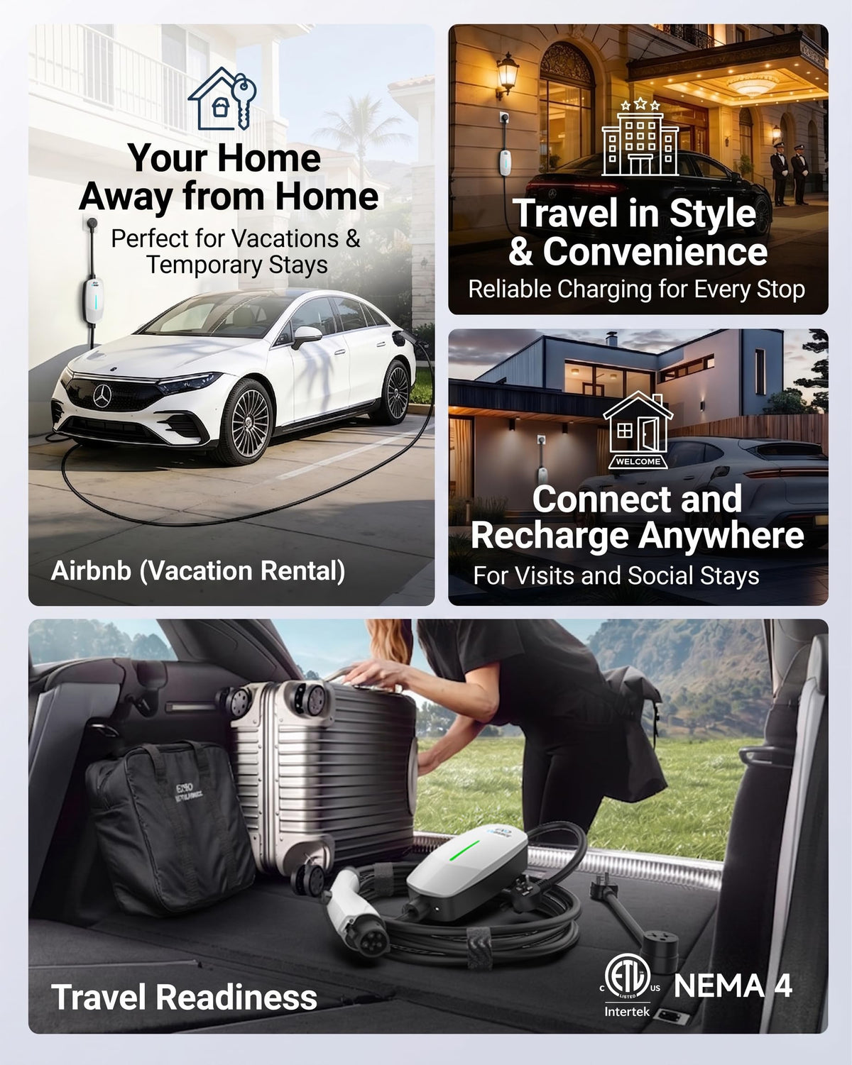 EVDANCE plugged into car in driveway showing practical outdoor charging convenience benefit