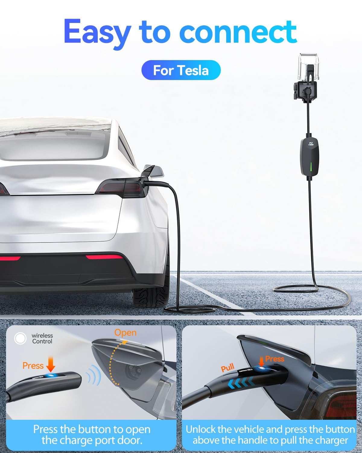EVDANCE charging a Tesla in driveway highlighting faster convenient charging