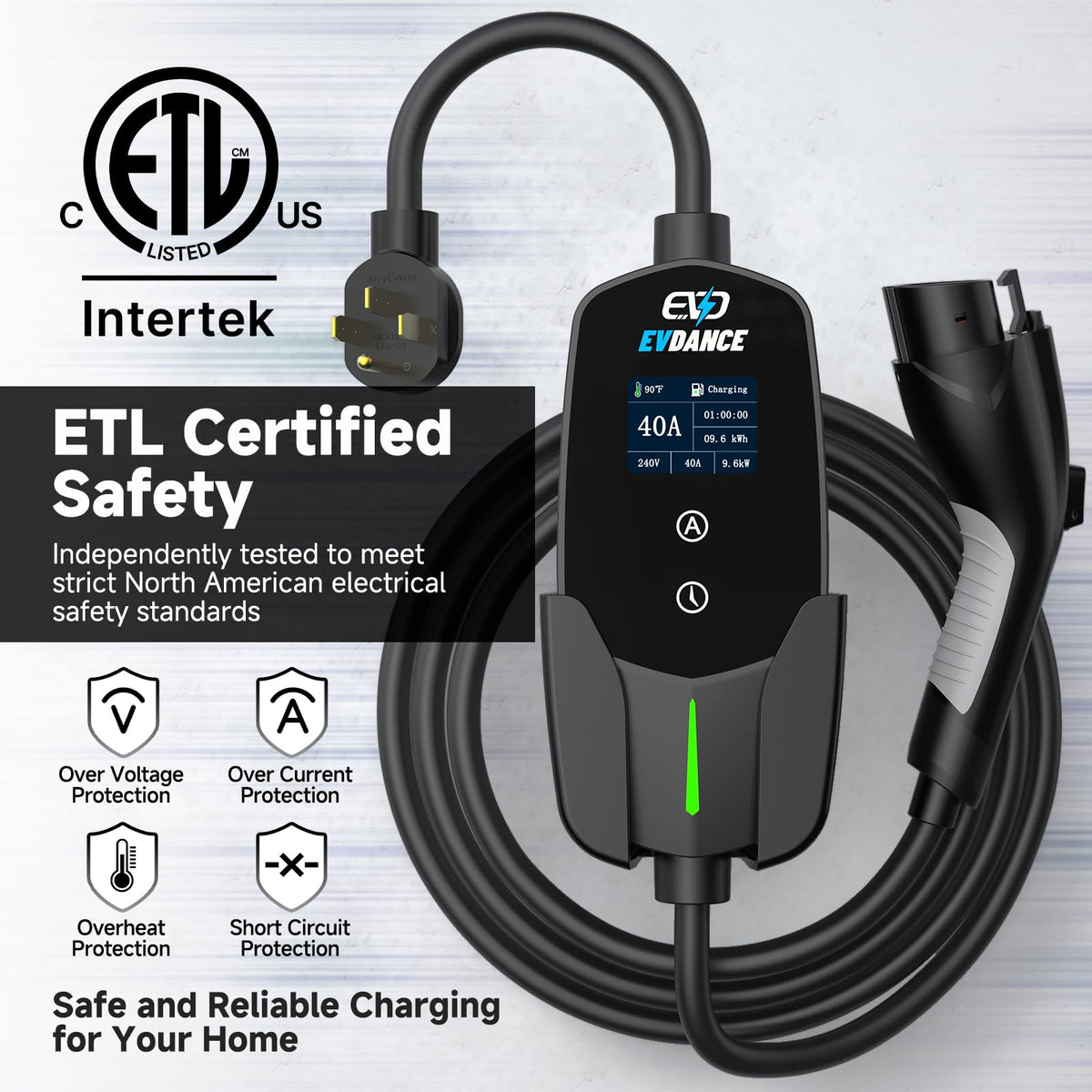 EVDANCE J1772 connector detail highlighting universal compatibility benefit