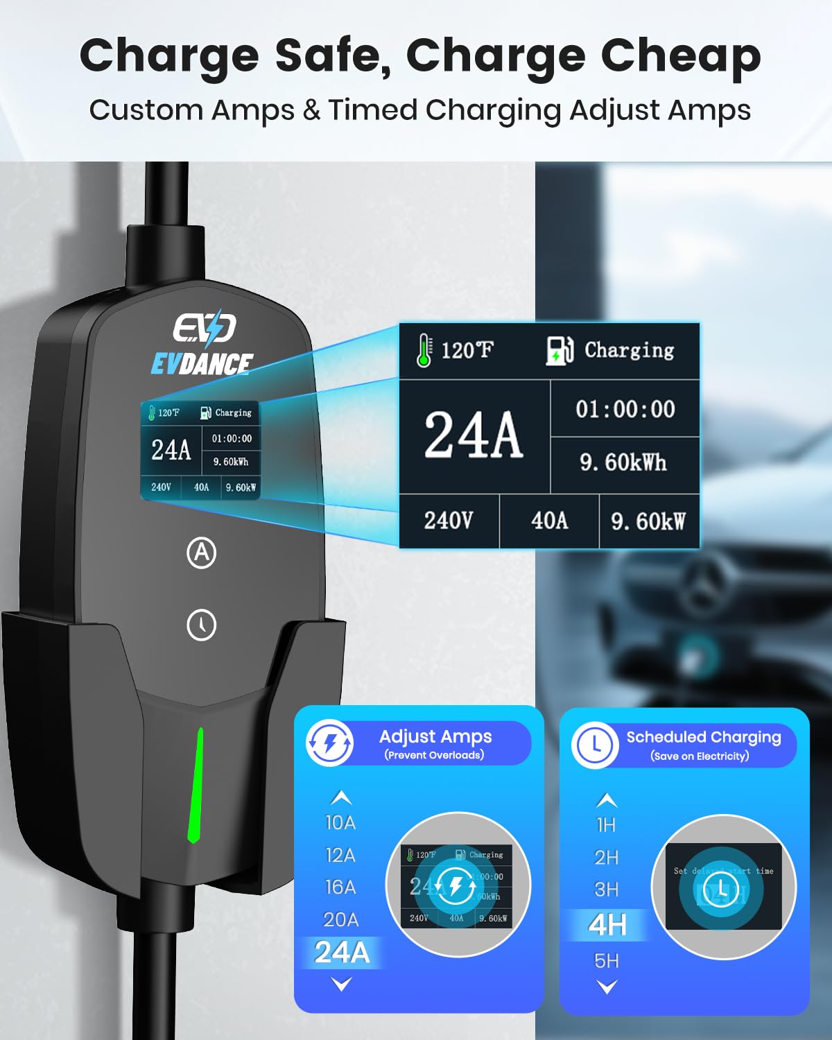 EVDANCE NEMA 10-30 plug close-up showing robust build and safe dryer-outlet compatibility