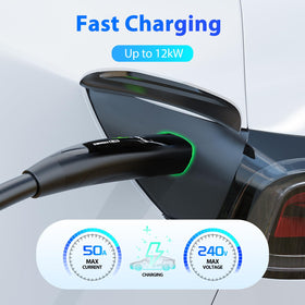 EVDANCE cable plugged into a Tesla Model 3 showing flexible charging benefit