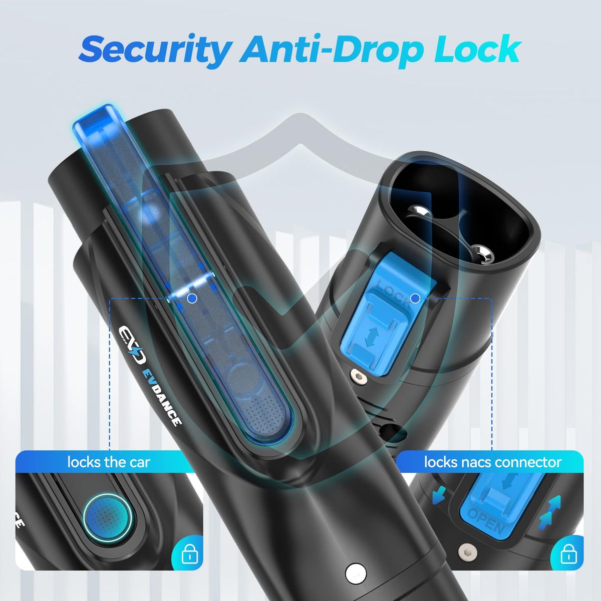 EVDANCE adapter with security lock engaged preventing accidental unplugging and theft
