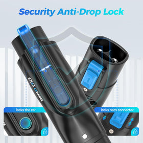 EVDANCE adapter with security lock engaged preventing accidental unplugging and theft