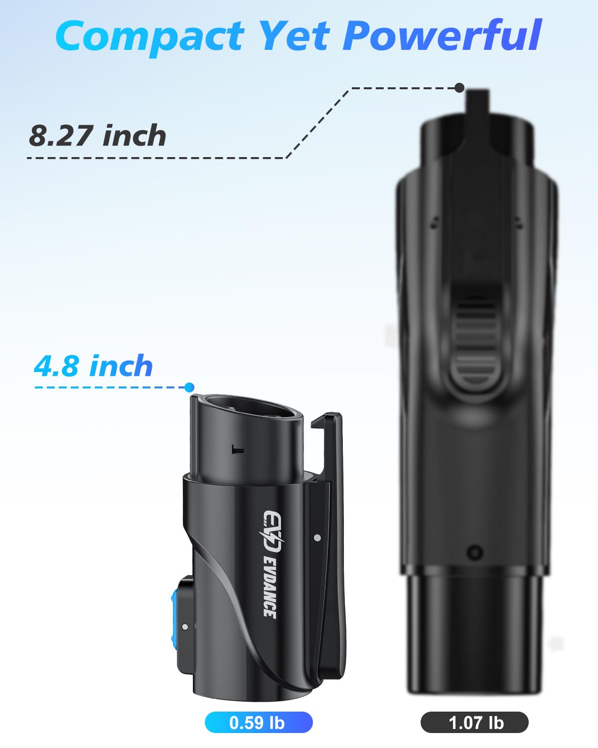 EVDANCE adapter shown in a hand for scale to demonstrate portable lightweight design for travel