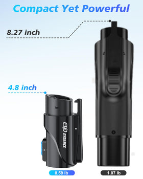 EVDANCE adapter shown in a hand for scale to demonstrate portable lightweight design for travel