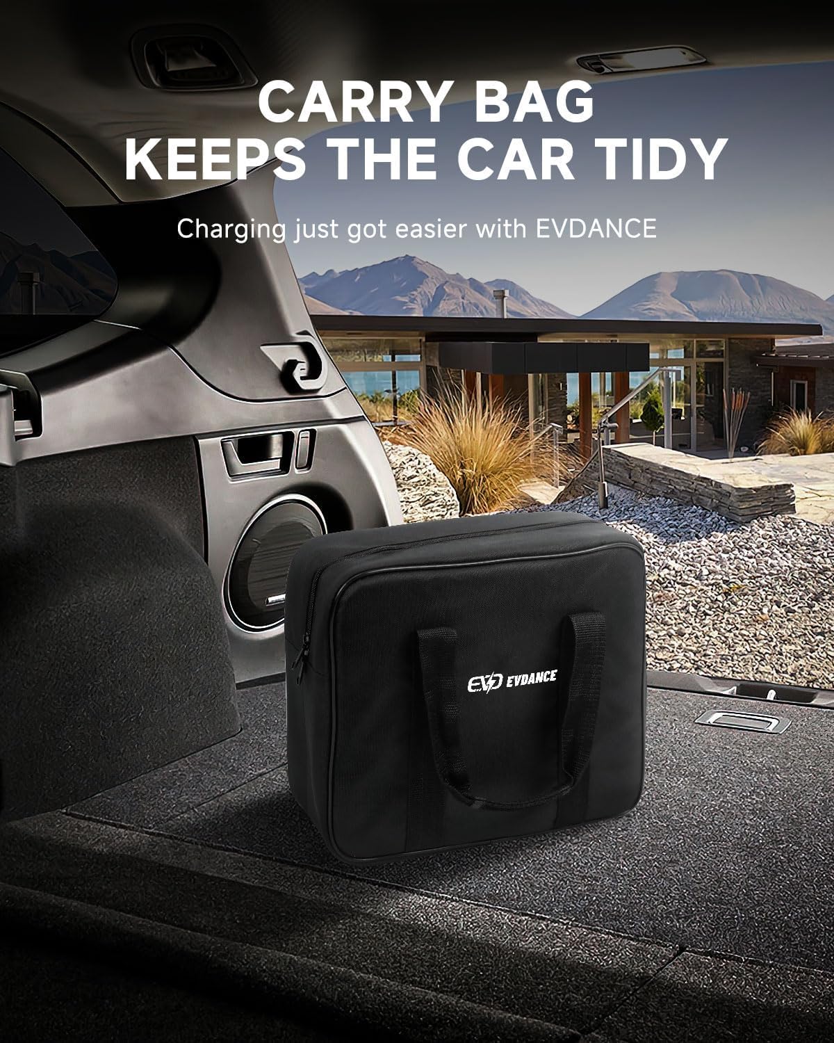 EVDANCE charger exterior labeling showing weatherproof ratings for outdoor use benefit