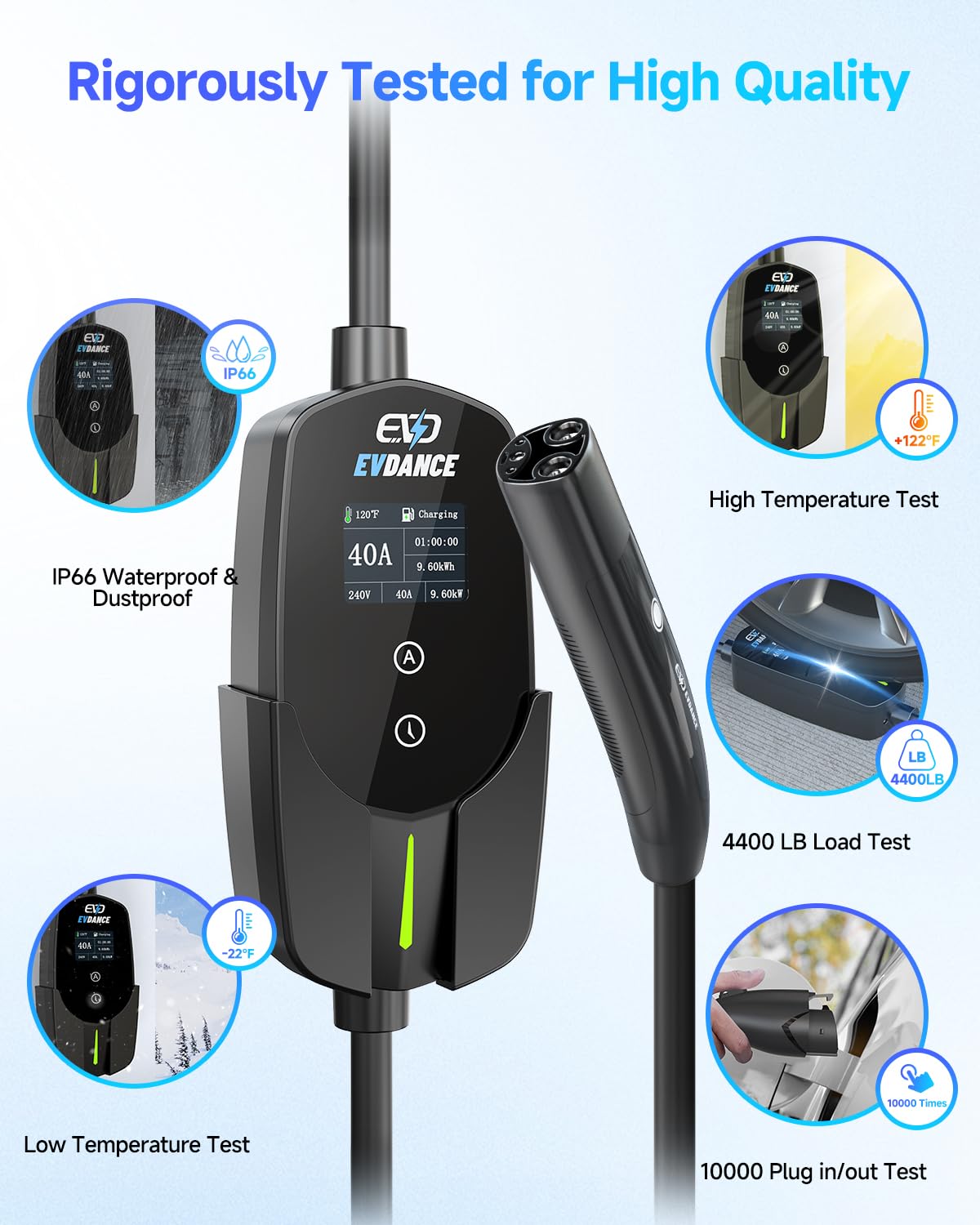 EVDANCE unit under rain test showcasing IP66 weatherproof reliability