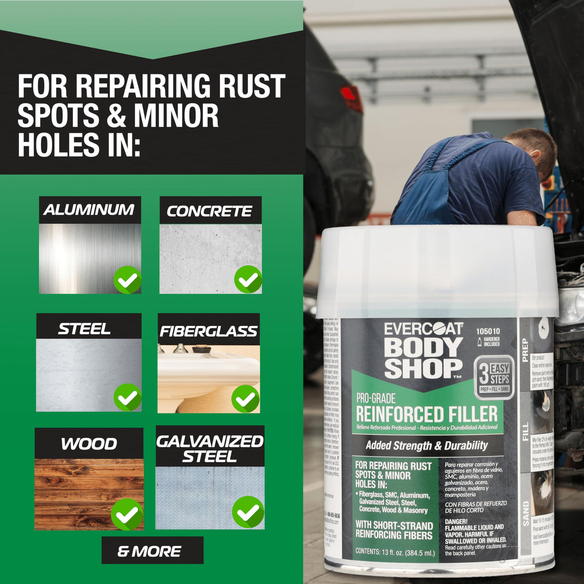 Evercoat Body Shop in garage repair lifestyle scene showing durable finish and professional result