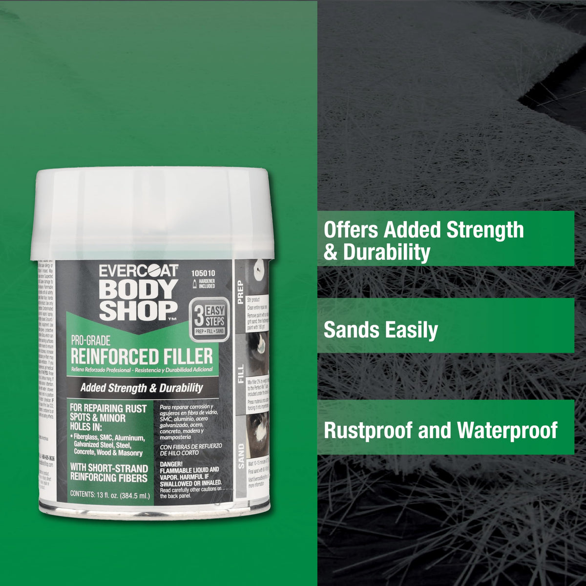 Evercoat Body Shop filler texture close-up illustrating reinforced fibers and smooth mix