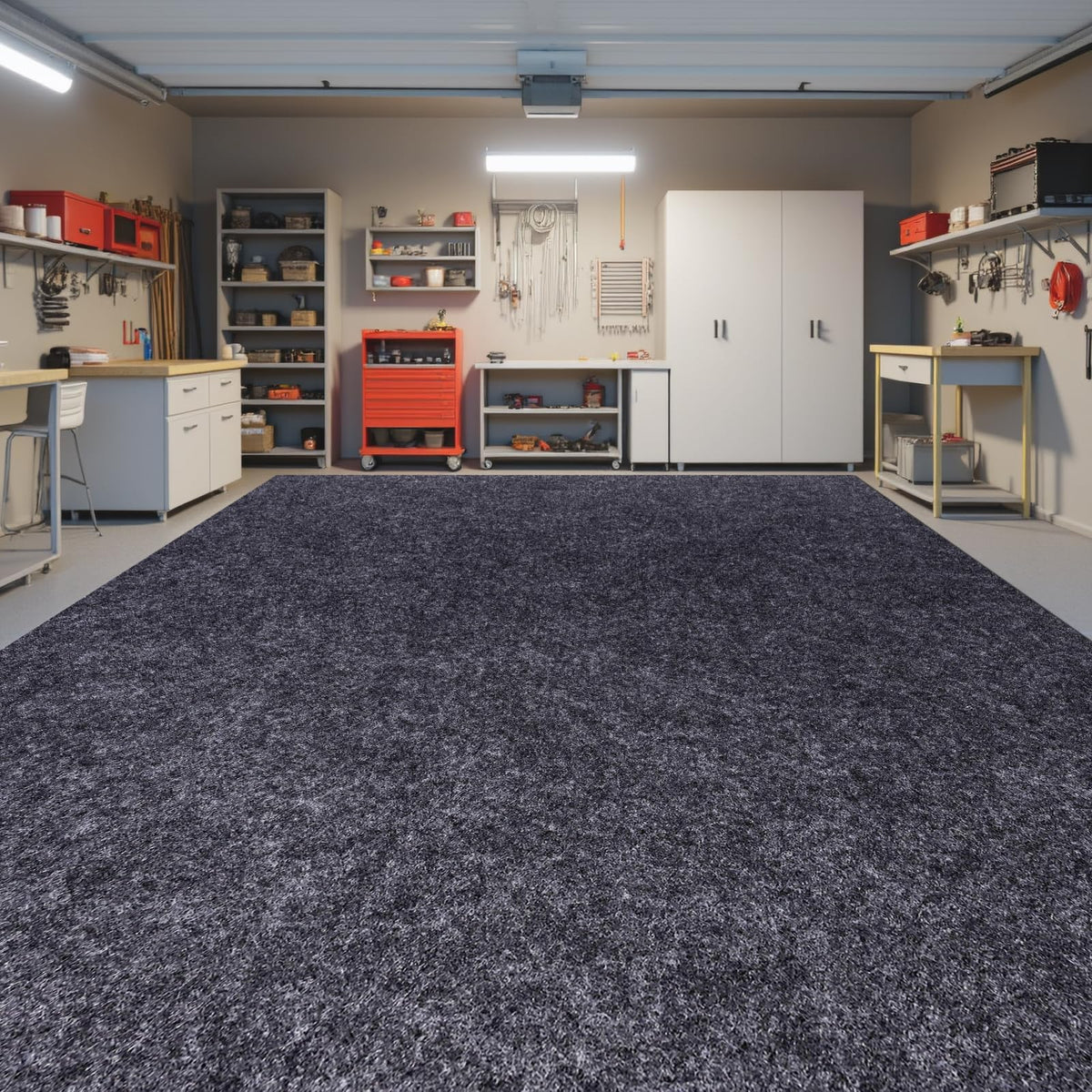 Evercomfy front view showing full 4x8 garage mat protecting floor