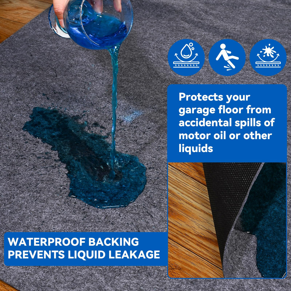 Evercomfy mat beneath vehicle with oil containment benefit
