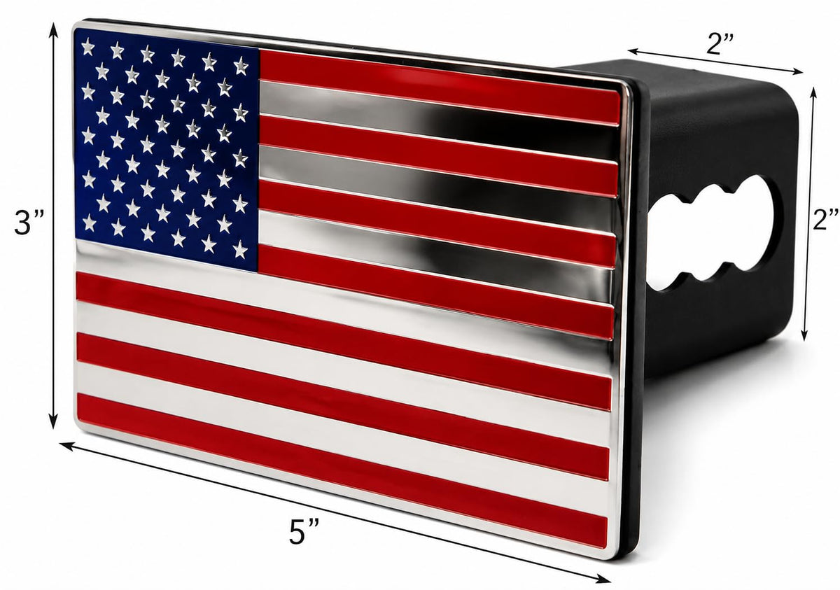 eVerHITCH close-up of raised stainless-steel flag emblem highlighting durable polish