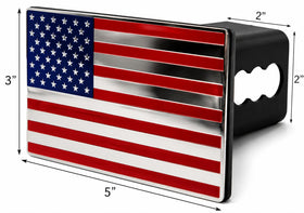 eVerHITCH close-up of raised stainless-steel flag emblem highlighting durable polish
