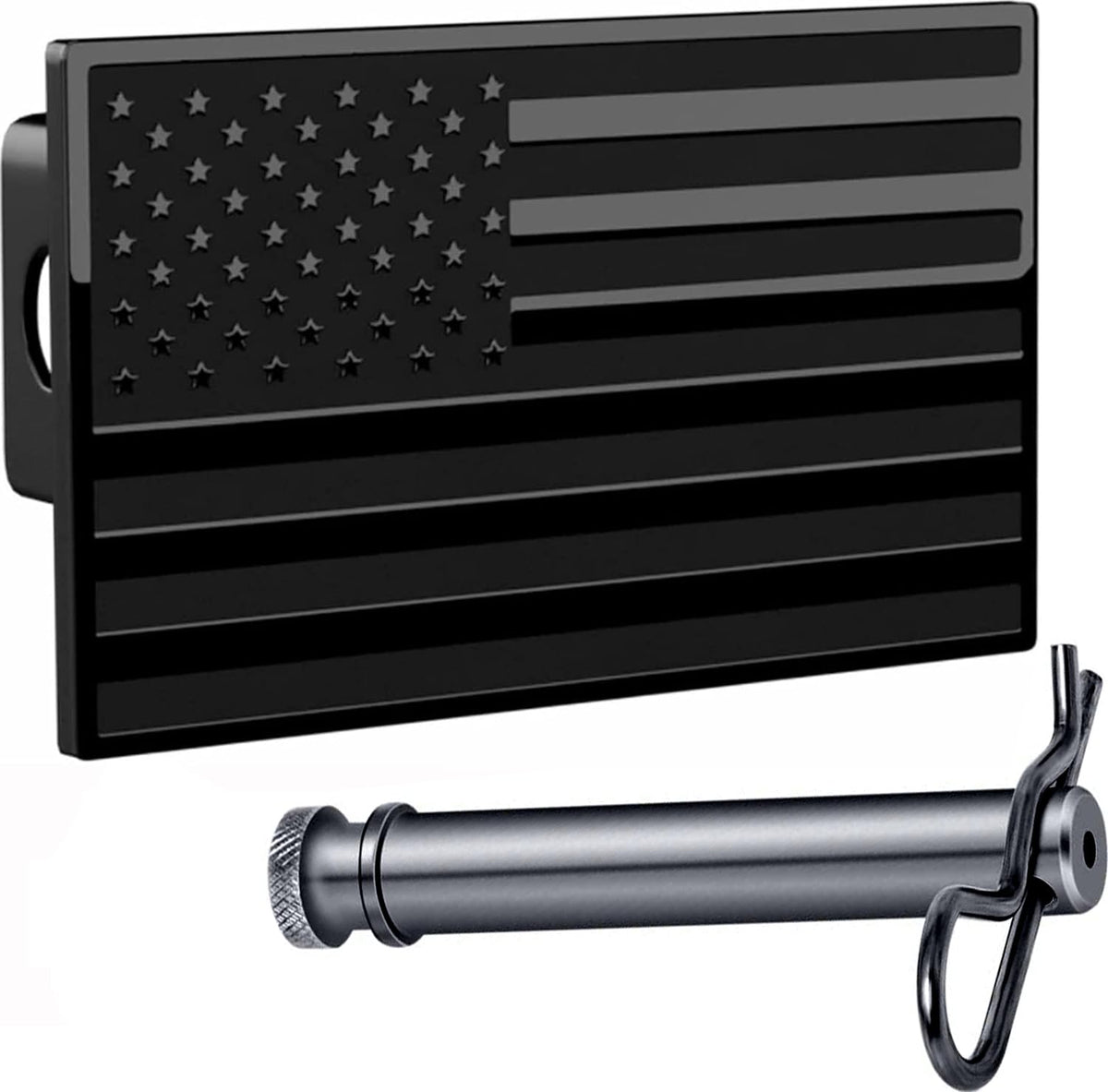 eVerHITCH front view of American black flag hitch cover showing durable finish and patriotism