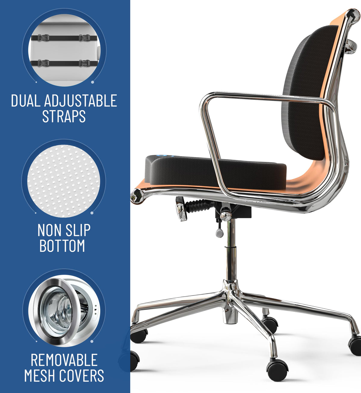 Everlasting Comfort cushion on an office chair showing posture support benefit