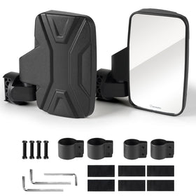 evermotor front-mounted mirror on UTV roll cage showing wide rear visibility benefit