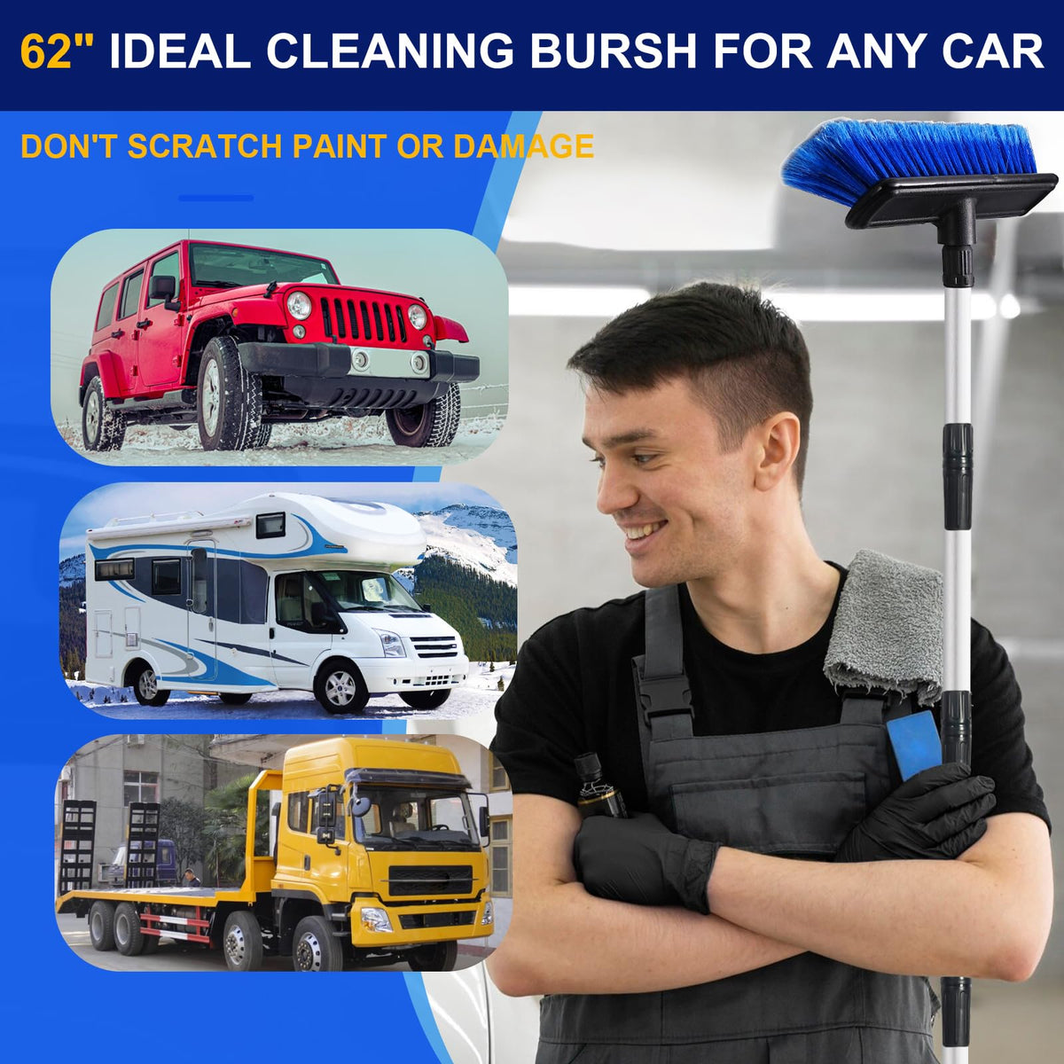 EVERRUSH brush extended to 62 inches cleaning an RV roof for high reach