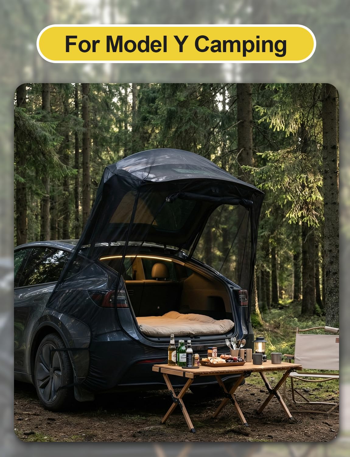 EVFITUS camping night scene in Model Y illustrating bug-free ventilation