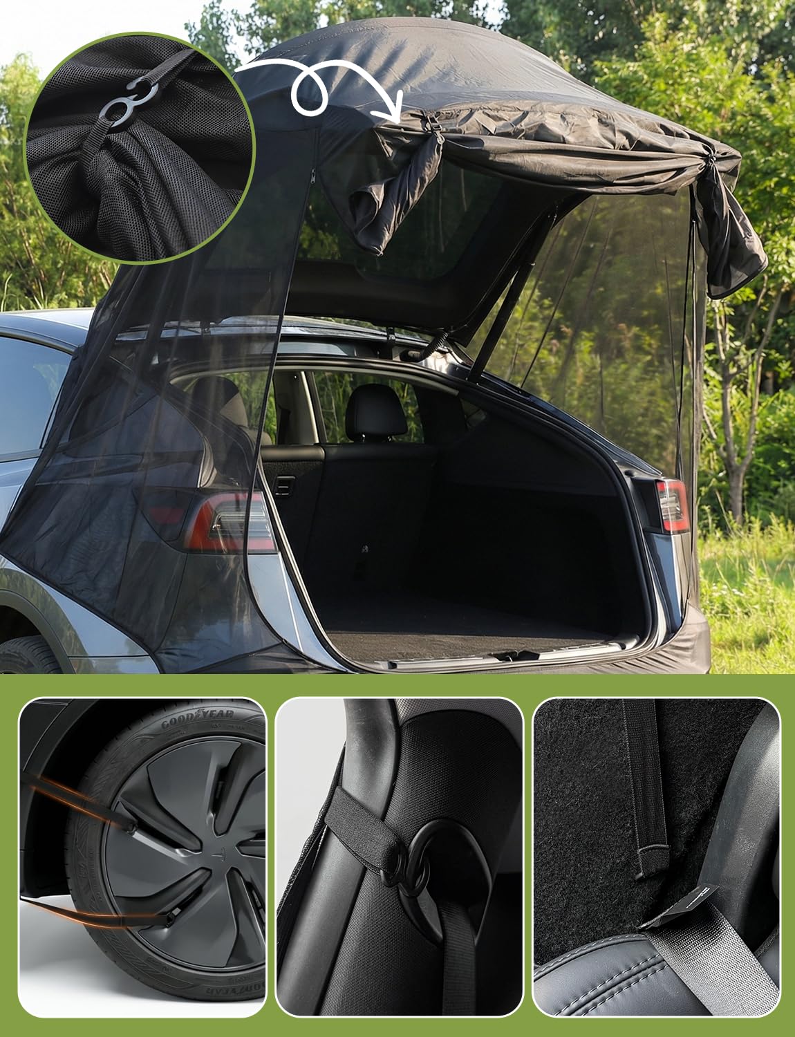 EVFITUS mesh rolled and secured on tailgate for quick access and storage