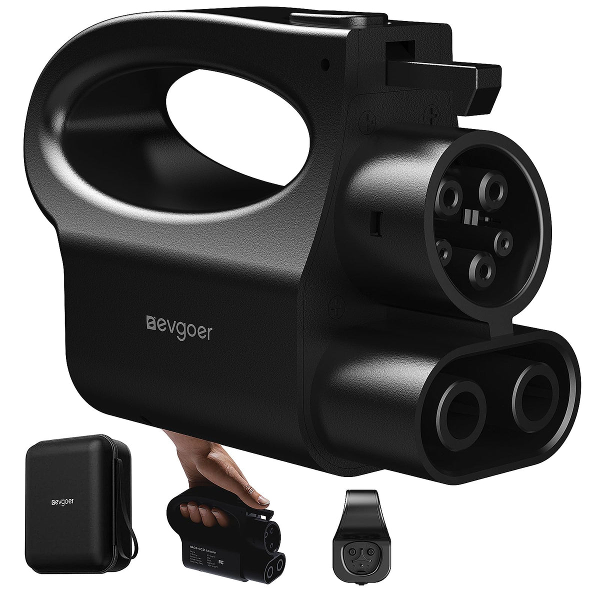 EG evgoer front view adapter showing NACS to CCS connection and reliable charging