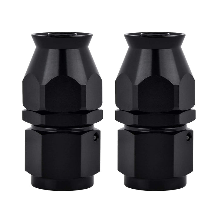 EVIL ENERGY front view of two black 10AN straight fittings showing finish and shape, durable appearance