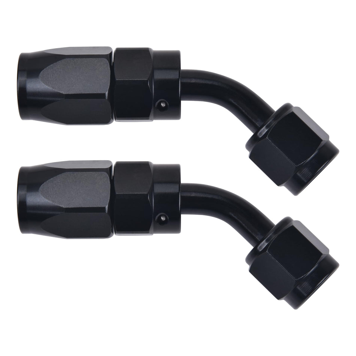 EVIL ENERGY front view of two black 10AN 45° fittings showing compact profile and benefits