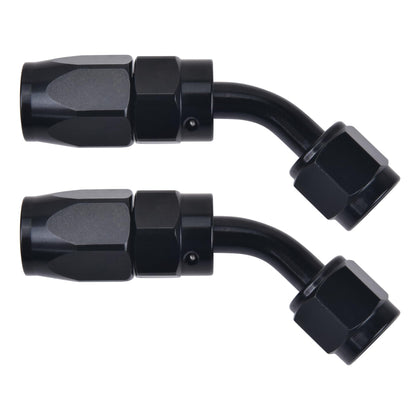 EVIL ENERGY front view of two black 10AN 45° fittings showing compact profile and benefits