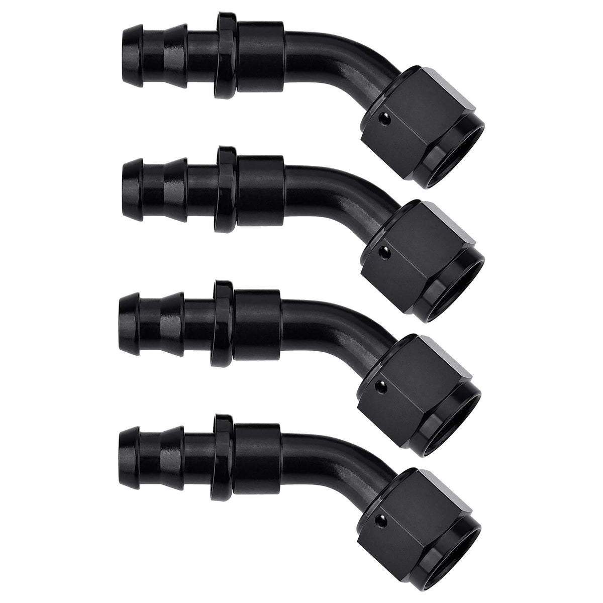 EVIL ENERGY front view of 6AN 45° fitting shows compact angled design and durability