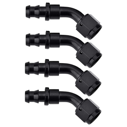 EVIL ENERGY front view of 6AN 45° fitting shows compact angled design and durability