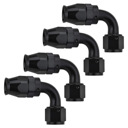 EVIL ENERGY front view of 6AN 90° fitting showing black finish and compact profile, ensures neat routing