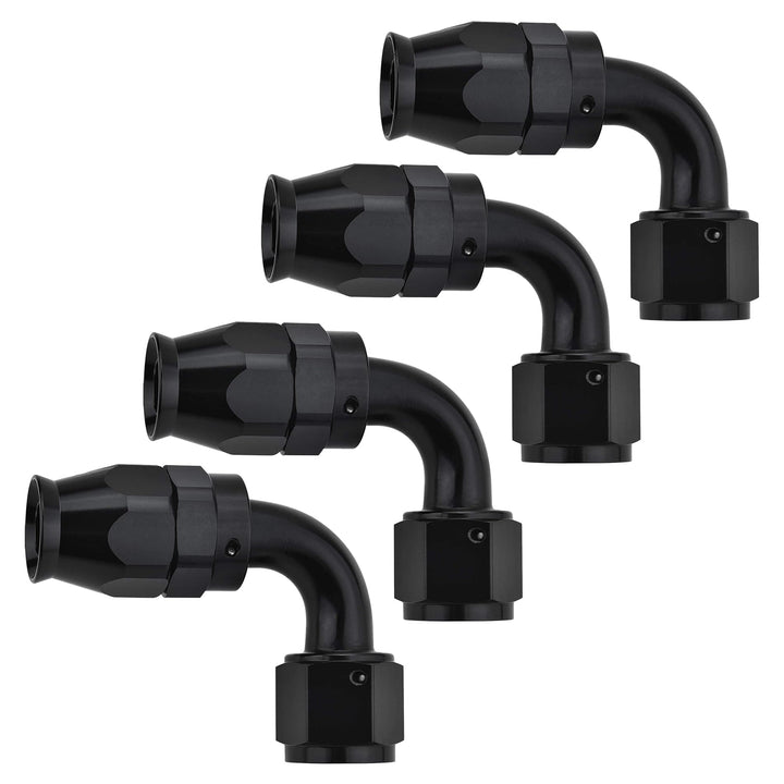 EVIL ENERGY front view of 6AN 90° fitting showing black finish and compact profile, ensures neat routing