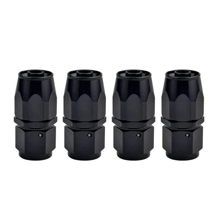 EVIL ENERGY front view of four black 6AN straight swivel fittings showing finish and shape, durable finish visible