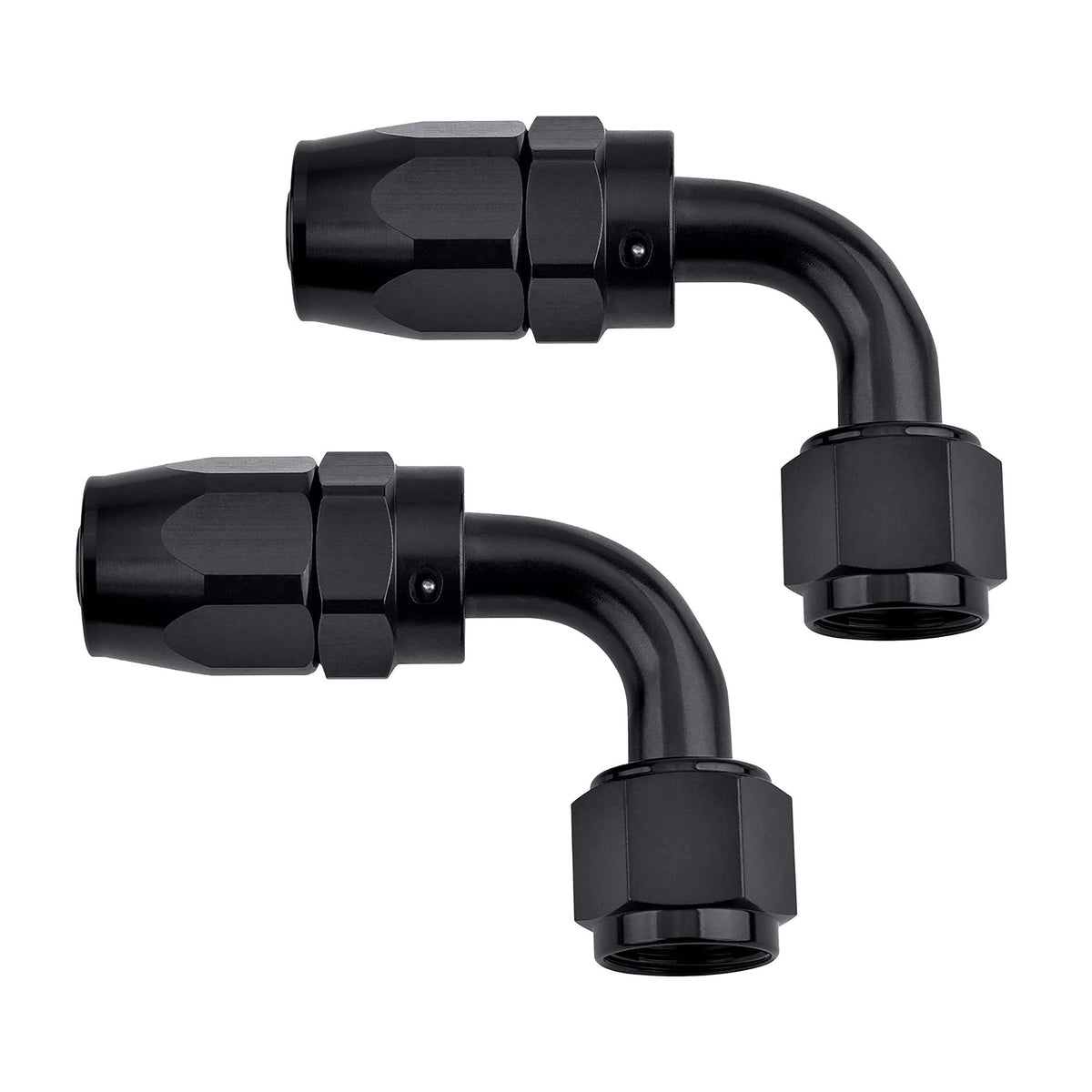 EVIL ENERGY front view of two black 6AN 90-degree fittings showing compact design and durability