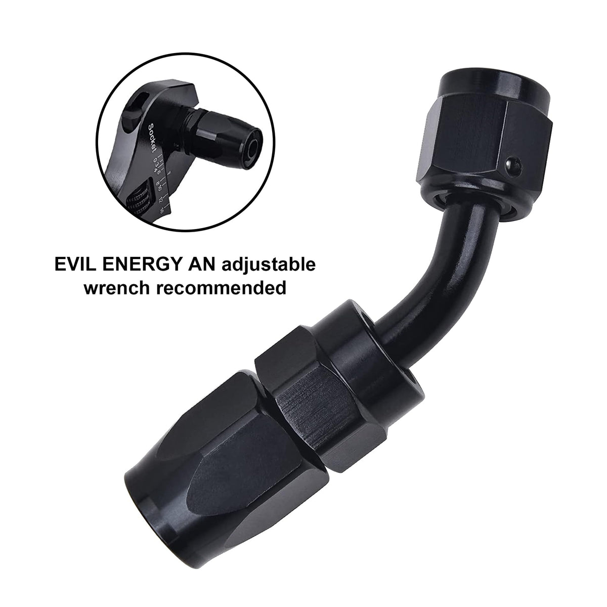 EVIL ENERGY fittings beside a ruler showing size and scale for correct hose selection