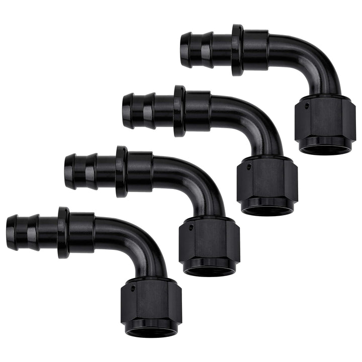EVIL ENERGY 8AN 90-degree fitting front view showing black finish and compact shape for neat installs