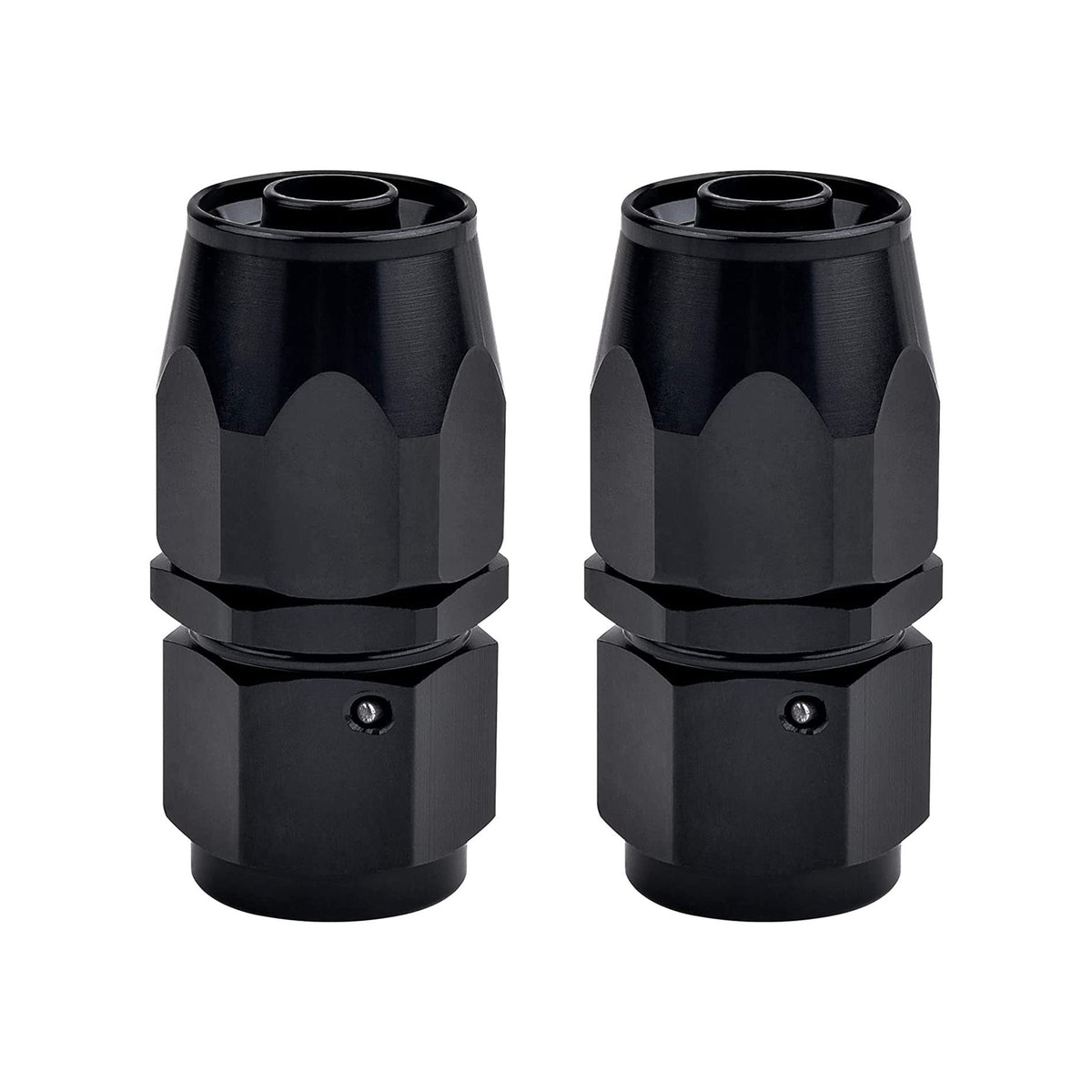 EVIL ENERGY front view of two black 8AN straight swivel fittings showing compact design and durable finish