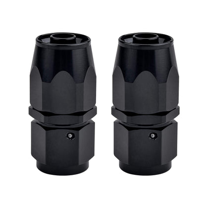 EVIL ENERGY front view of two black 8AN straight swivel fittings showing compact design and durable finish