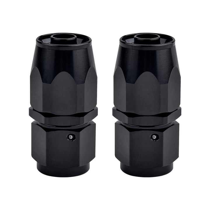 EVIL ENERGY front view of two black 8AN straight swivel fittings showing compact design and durable finish