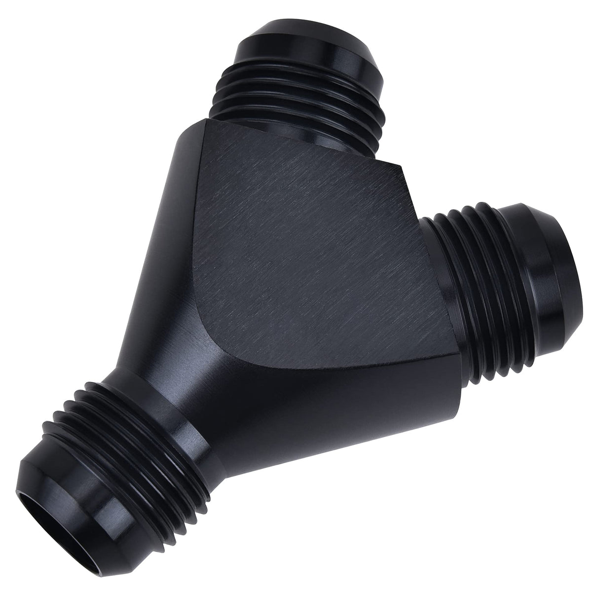 EVIL ENERGY front view of 8AN Y Block showing ports and black finish, durable split fitting