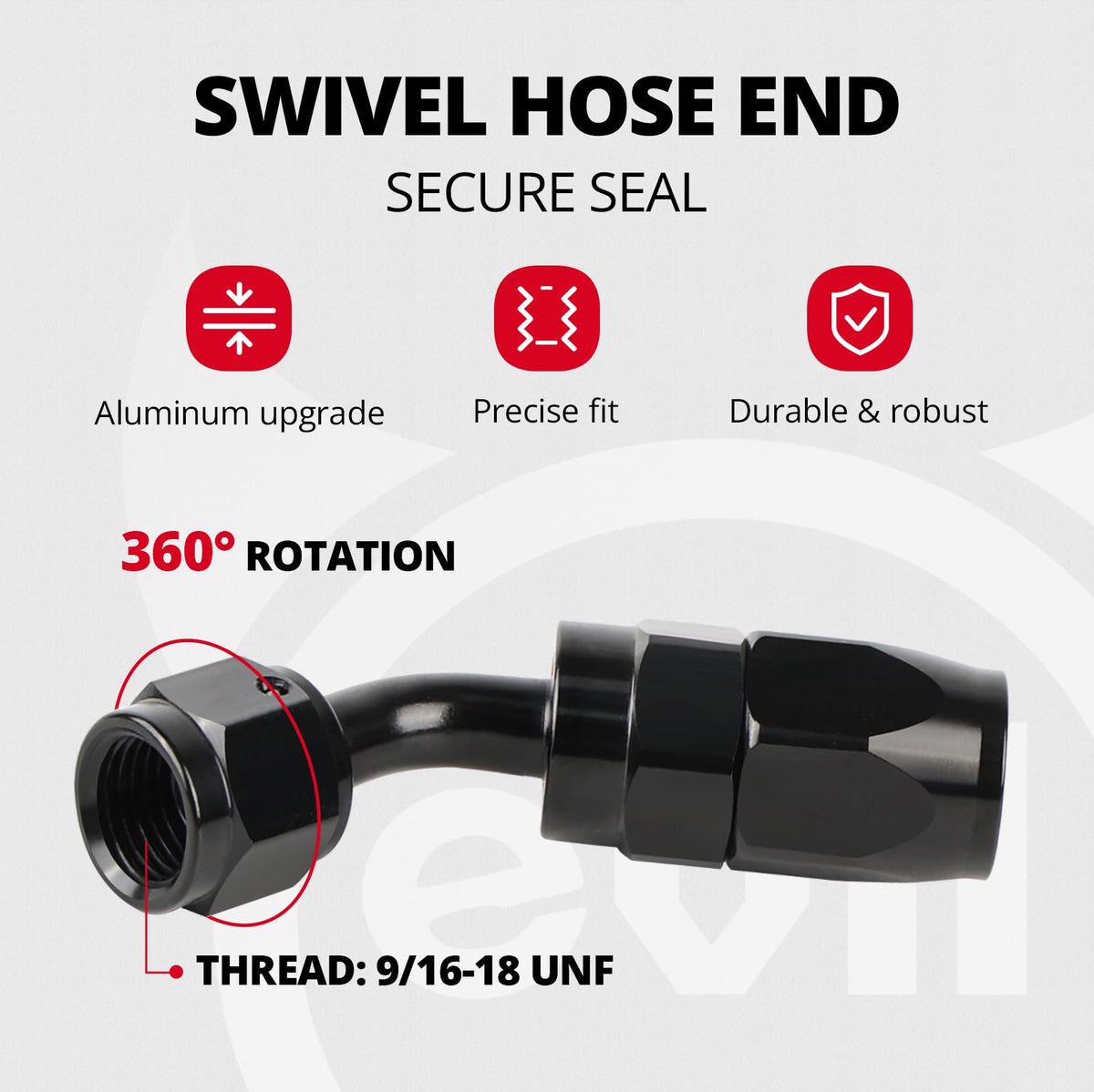 EVIL ENERGY 90-degree swivel fitting detail illustrating tight-space routing advantage