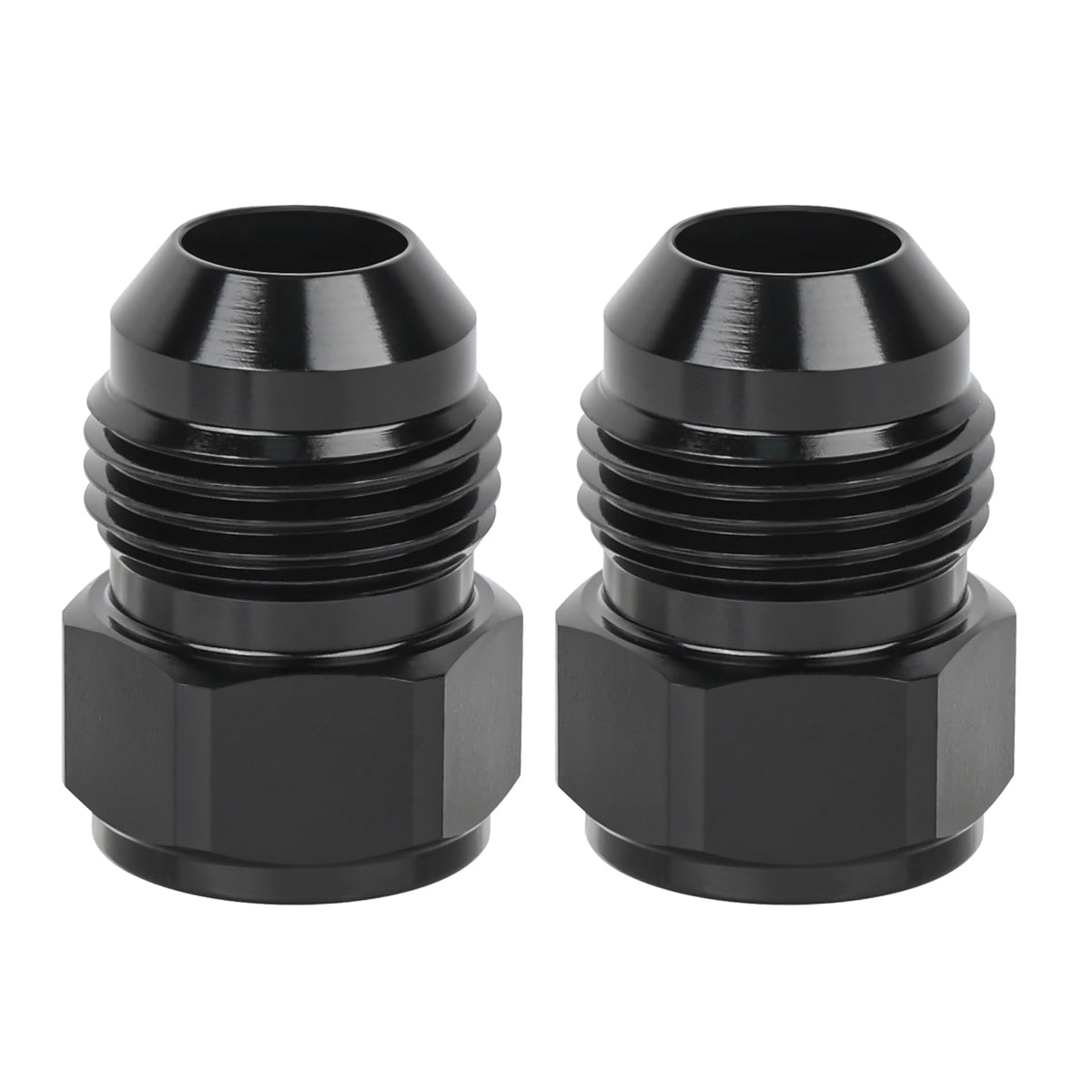 EVIL ENERGY front view of 8AN female to 10AN male adapter showing compact profile and black anodize benefits
