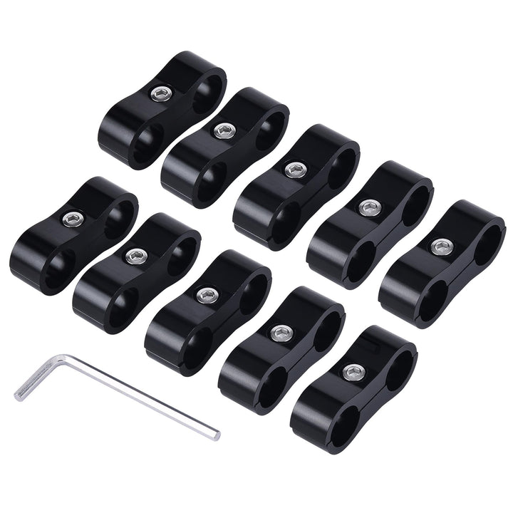 EVIL ENERGY front view of ten black AN10 clamps showing neat packaging and durable finish
