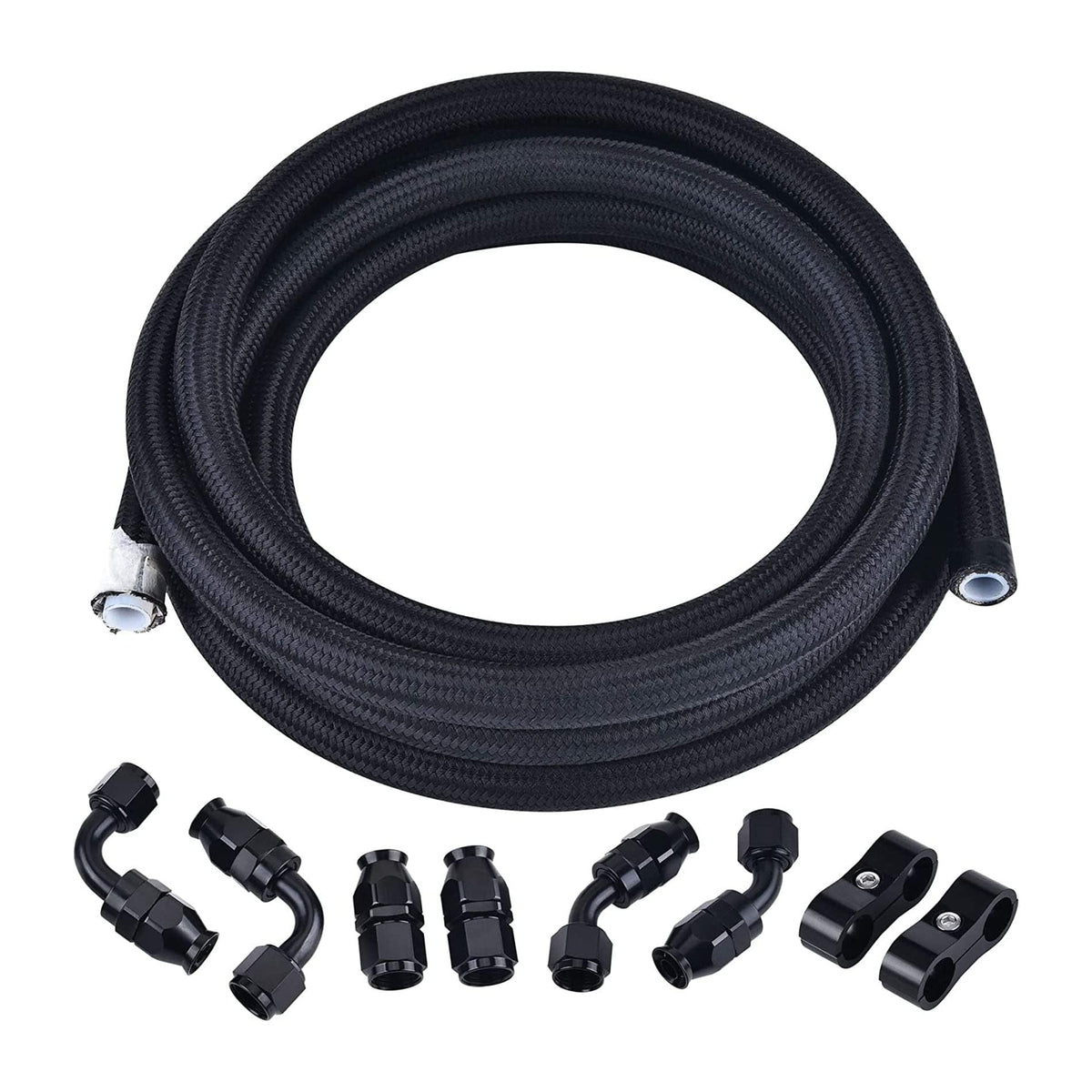EVIL ENERGY AN10 front view showing 10ft black fuel hose and packaging benefit durability