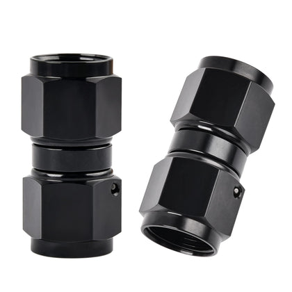 EVIL ENERGY front view of two black AN8 swivel couplers showing compact design and durability