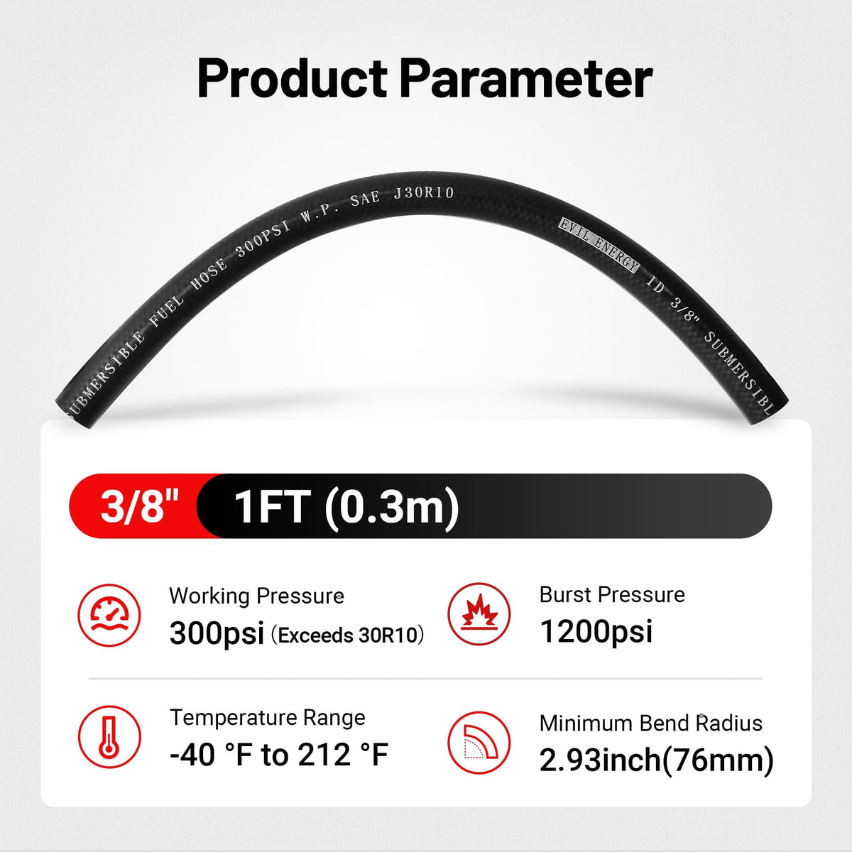 EVIL ENERGY hose bent to show 76 mm minimum radius, illustrating kink-resistant flexibility