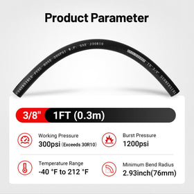 EVIL ENERGY hose bent to show 76 mm minimum radius, illustrating kink-resistant flexibility
