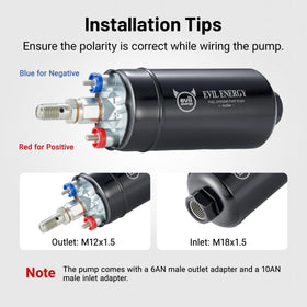 EVIL ENERGY inlet and outlet adapters highlighted for flexible hose connections