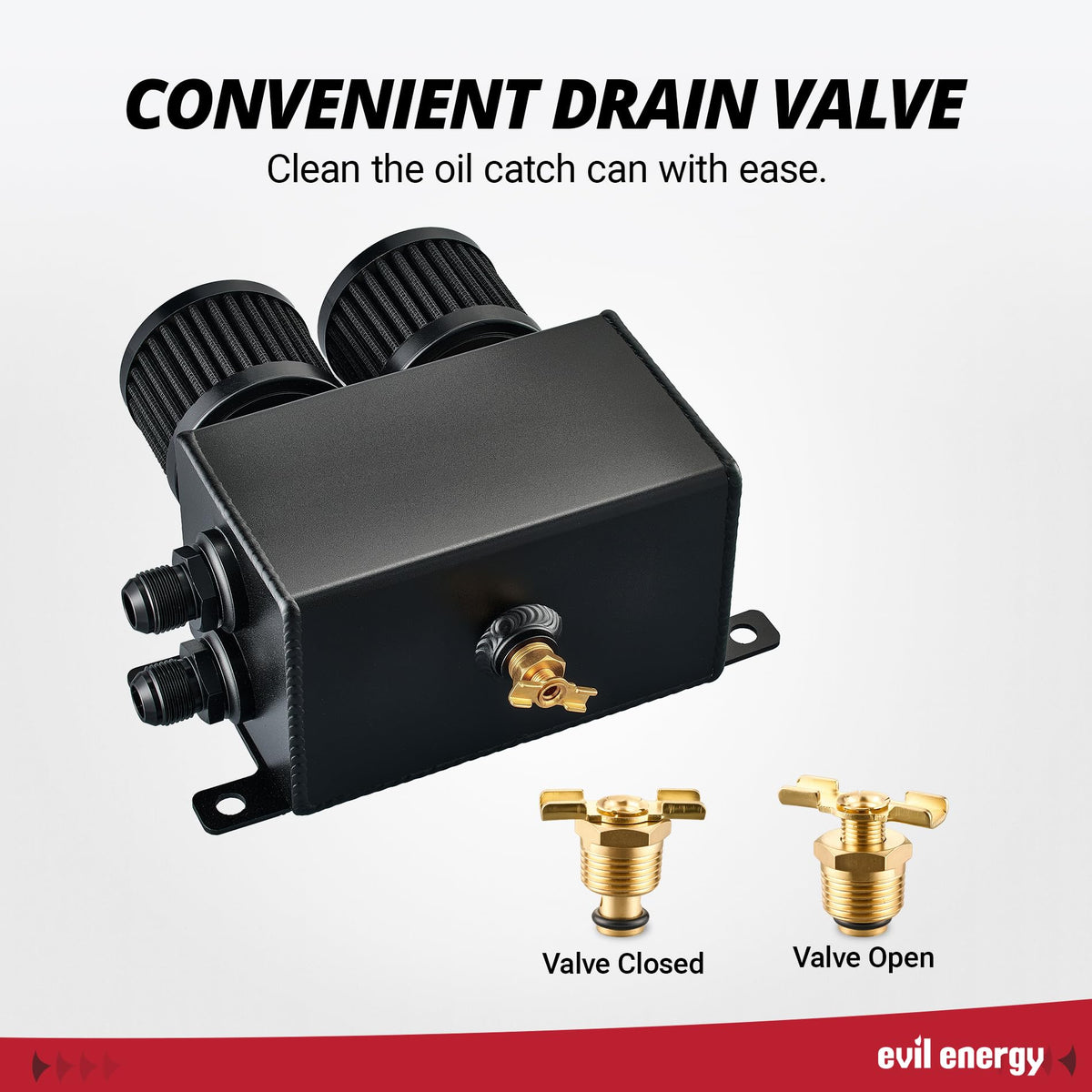 EVIL ENERGY drain valve detail demonstrating easy bottom-drain maintenance and quick oil removal